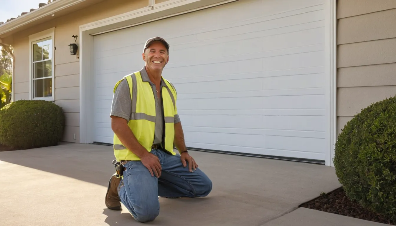 A friendly garage door provider checking the tracks of a residential garage door at a stucco home in Yucaipa
