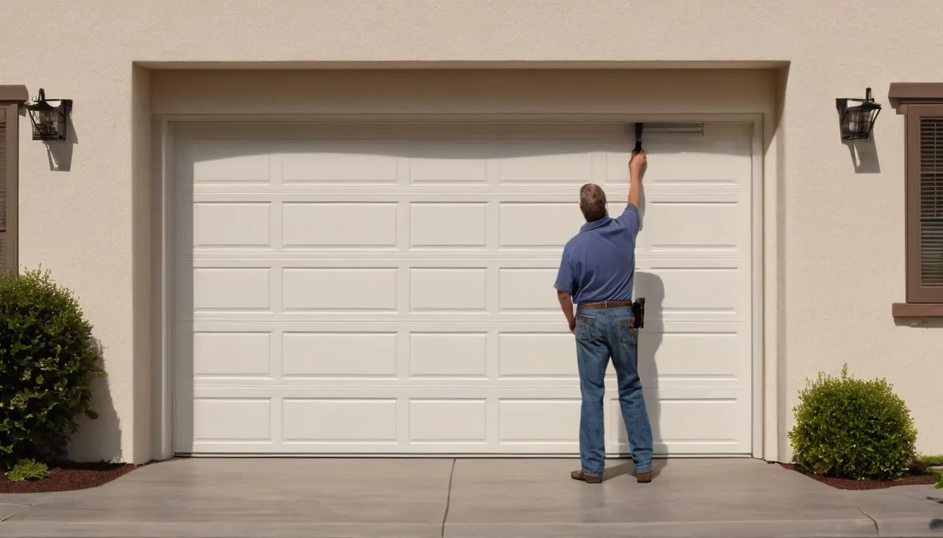 Garage door provider checking a torsion spring above a residential garage door in Yucaipa